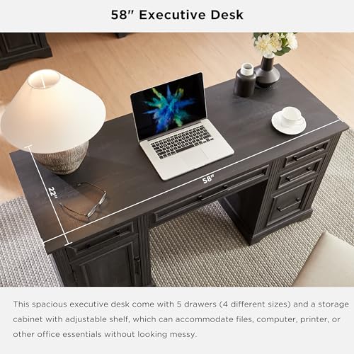 JXQTLINGMU 58 Inch Large Computer Desk with Drawers, Embossed Texture Home Office Desk, Workspace for Work Study Writing, Black
