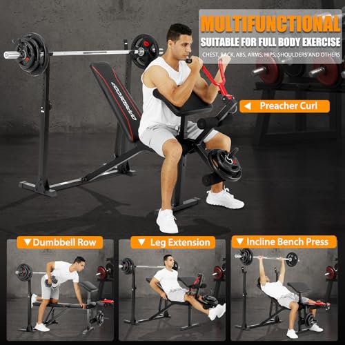 OPPSDECOR Weight Bench Set with Barbell/Squat Rack, 900LBS Heavy Duty Pro Bench Press Set with Leg Curl/Extension and Preacher Curl, Adjustable Full-Body Workout Bench for Home Gym Fitness (Darkred)