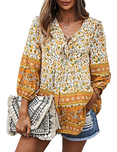 PRETTYGARDEN Women's Floral Ruffled Tunic Blouse Tie V Neck Casual Long Sleeve Babydoll Peplum Tops(02_Green,Small)