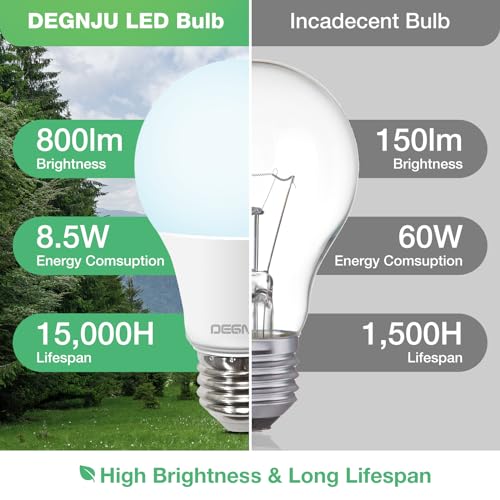 DEGNJU LED Light Bulbs Soft White 2700K, 60 Watt Equivalent LED Bulbs, A19 Standard Bulbs, 800 LM, 15000 Hours, E26 Base, Non-Dimmable, 8.5W White LED Bulbs for Bedroom Living Room, 12 Pack