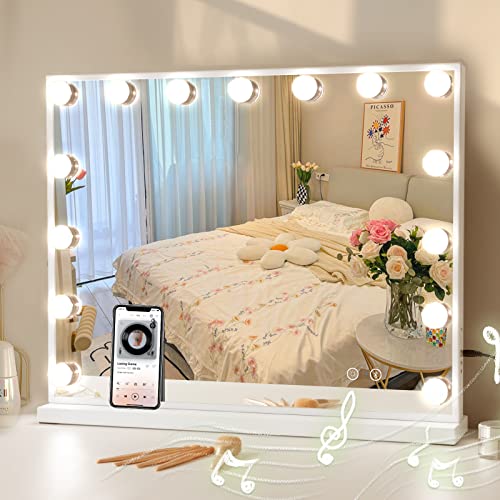 COOLJEEN Hollywood Lighted Vanity Mirror with Bluetooth, USB Charging, 15 Dimmable LEDs, 3 Color Lighting - Touch Control