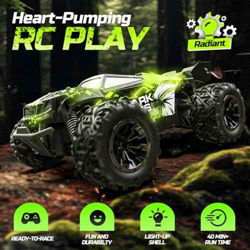 DEERC Remote Control Car, 2.4Ghz Glowing RC Cars W/ 2 Rechargeable Batteries for 40 Min Play, All Terrain Off-Road Monster Truck Toys for Boys Kids Age 4-7 8-12 Birthday Xmas Gift