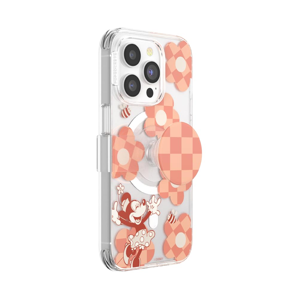 PopSockets iPhone 14 Pro Case with Phone Grip and Slide Compatible with MagSafe, Phone Case for iPhone 14 Pro, Wireless Charging Compatible, Disney - Minnie Checker Flower