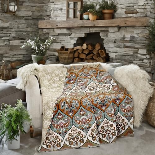 DaDalogy Bohemian Quilted Throw Blanket – Reversible Floral Paisley, Soft for Couch & Bed Throw/Lap Throw– Salmon, Blue, Pink – 50x60 inches