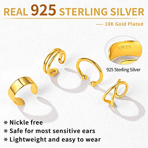 ChicSilver Gold Ear Cuffs Set 18K Gold Plated Fake Ear Cuffs Non Piercing Ear Conch Clip on Cartilage Earrings for Women Men | 4 Various Styles