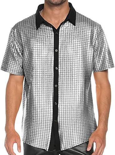 JIEFULL Mens 70s Disco Shirt Sequins Shiny Prom Costume Short Sleeve Button Shirts for Nightclub Party(Light Rainbow,S)