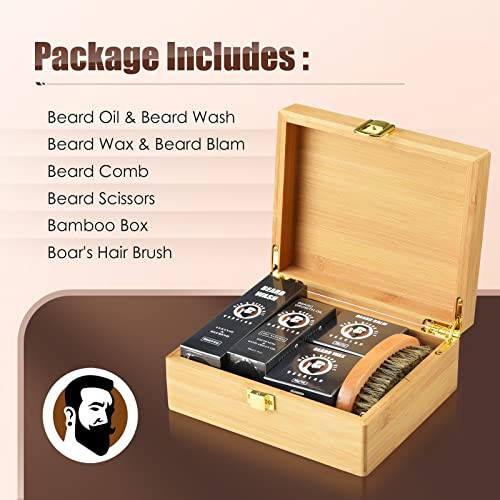 Varolan Beard Grooming Kit, Birthday Gifts for Men with Beard Oil, Balm, Brush, Wash, Wax, Comb, Scissors, 1 fl oz