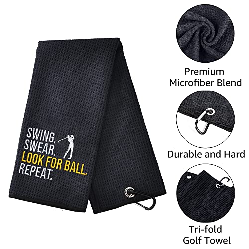 TOUNER Funny Golf Towel Gift for Dad, Retirement Gifts for Men Golfer, Funny Golf Towel for Men, Embroidered Golf Towels for Golf Bags with Clip (Swing Swear Look for Ball Repeat)