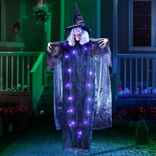 JOYIN 72” Hanging Witch Decor Halloween Decorations Indoor, Talking Halloween Witch on Broom Light Up Witch Decoration Purple Eyes Sound Activation Haunted House Party Supplies Prop Décor Modern