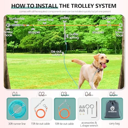 Professional Dog Runner Trolley System，Heavy Duty 30ft Dog Zip Line with 10ft & 15ft Tie Out for Large Dogs Up to 250lbs, Outdoor Dog Run Cable Leash for Backyard, Camping, Park and Outside Adventure