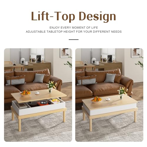 Shintenchi Coffee Table, Lift Top Coffee Table with Hidden Compartment, Rising Tabletop Dining Table, Lift Top Coffee Center Table for for Living Room, Office, Home (Ivory)