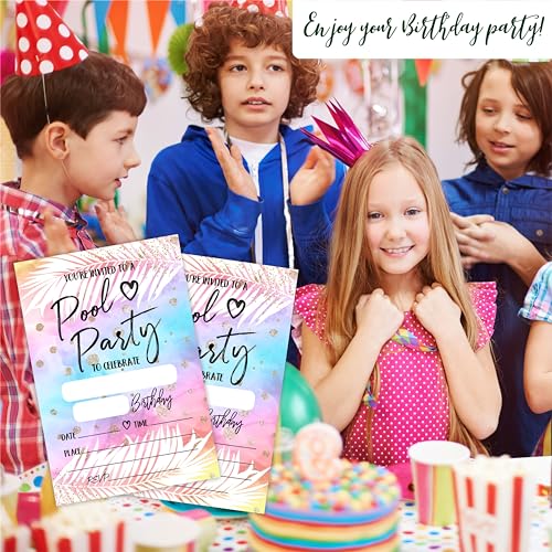 Pool Party Invitations For Birthday Party - Tie Dye & Palm - 20 Double-Sided Fill In Birthday Invite Cards With Envelopes For Kids Or Teens, Boys & Girls, Party Favor & Decorations - C03