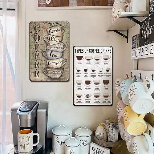 Coffee Bar Decor 2Pcs Vintage Coffee Signs For Coffee Bar Decor, Coffee Corner Decor Coffee Decor for Coffee Bar - 8X12 Inches Coffee Decor for Coffee Bar Metal Coffee Poster Wall Decor Tin Sign, Coffee Accessories Rustic Metal Sign for Cafe Living Room K