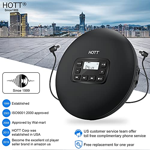 HOTT CD204 Portable CD Player, Personal Compact CD Player with Headphones, Anti-Skip/Shockproof for Home Travel and Car, Small Music CD Walkman with LCD Display for Adults Students Kids-Black
