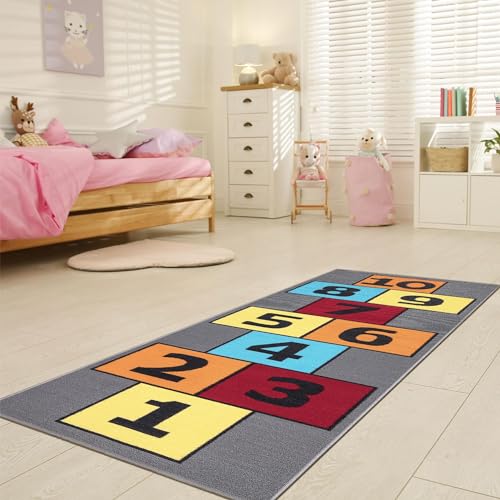 Ottomanson Children's Garden Collection Non-Slip Rubberback Hopscotch Design 3x6 Kid's Runner Rug, 2'7" x 6', Green