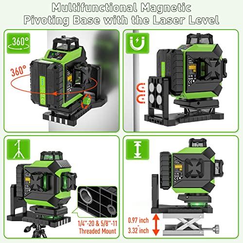 Huepar Laser Level 3 x 360 Self-Leveling Cross Line Laser 3D Green Laser Level with Pulse Mode Alignment Laser Tool with Rechargeable Li-ion Battery, Integrated Magnetic Bracket, Hard Carry Case 703CG