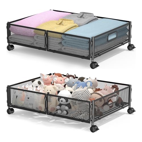 Lingusta Under Bed Storage with Wheels,Rolling Under Bed Storage Containers,Under Bed Shoe Storage for Bedroom Clothes Shoes Blankets (2 pack, Black)