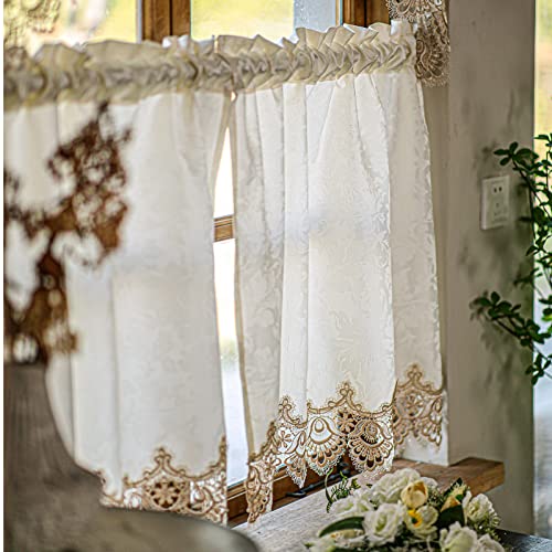 SUTAVIA Classical Lace Kitchen Curtain Set 2 Panels for Window Farmhouse Cafe Curtains Beige Fabric with Champagne Lace Rod Pocket Window Treatment Country for Kitchen Bedroom Living Room Bathroom