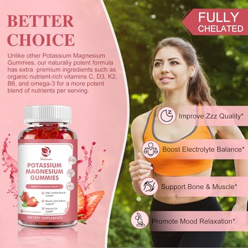 Magnesium Potassium Supplement Gummies - New Formula Calm Magnesium Glycinate Gummies 500 mg & Potassium Citrate 200 mg Plus Omega 3, B6, D3, K2 & Calcium for Zzz, Leg Cramps & Muscle - 120 Gummies