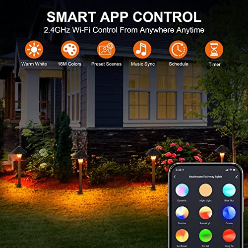 XMCOSY+ Low Voltage Smart Pathway Lights with APP Control, Adjustable Warm White & RGB, Compatible with Alexa, 12V 6W Outdoor Mushroom Lights for Garden Path Lawn (6 Pack)