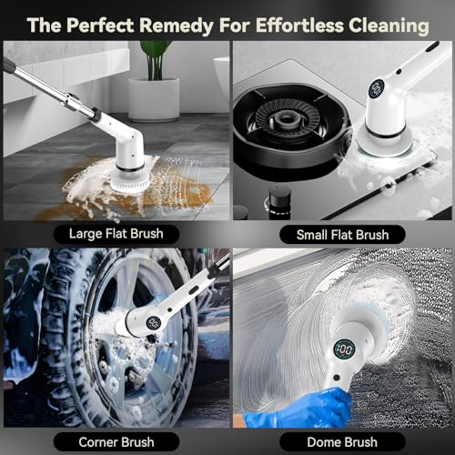 Electric Spin Scrubber - IMAXTOP Cordless Cleaning Brush with 8 Replaceable Heads, Shower Cleaner with Long Handle, Bathroom, Grout, Tub, Floor, Kitchen Cleaner
