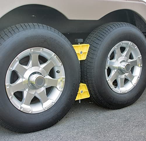 Camco Small RV Wheel Stop - Features a Lightweight Heavy-Duty Design with a Rubber Handle, Prevents Shifting of Trailer Tandem Tires while Parked or Re-Hitching, and Fits 26” to 30” Tires (44652)