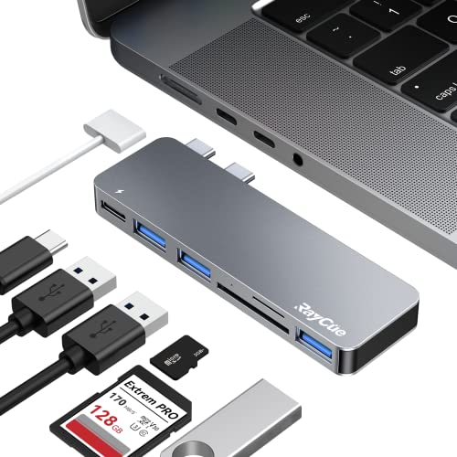 RayCue USB C Hub Adapters for MacBook Pro/MacBook Air M1 M2 M3 2023 2022 2021 2020 2019 13" 14" 15" 16", 6-in-2 Multiport MacBook Adapter with Thunderbolt 3, 3 USB 3.0 Ports, SD/TF Card Reader