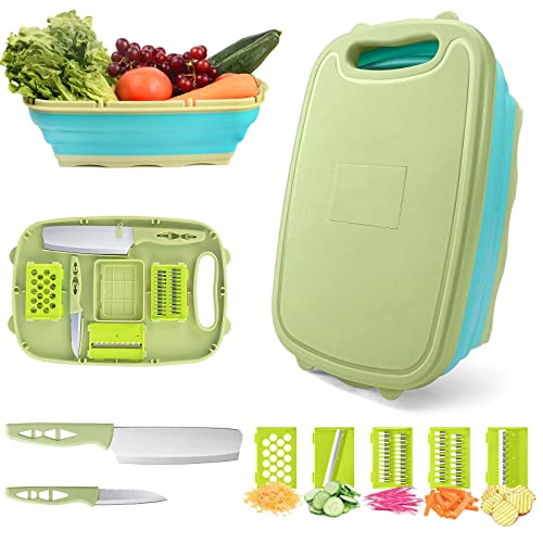 Camping Cutting Board, HI NINGER Collapsible Chopping Board with Colander, 9-In-1 Multi Chopping Board Kitchen Vegetable Washing Basket for Camping,Camping Gifts Camping Accessories for RV Campers