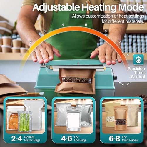 Flexzion Impulse Sealer 8 Inch (200mm) 300W Heat Sealer Machine with Adjustable Heating Mode, No Warm Up Needed, Portable Bag and Seal Impulse with Replacement Element Grip and Teflon Tape