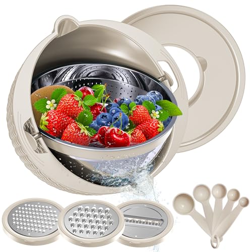 4-1 Colander with Bowl Set - Colander Bowl with Measuring Spoons - Fruit Strainer Bowl, Colanders & Food Strainers Stainless Steel, Rotatable Kitchen Colander Strainer Bowl - Beige