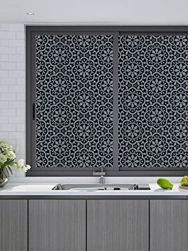 ZHMRROAD Frosted Glass Window Privacy Film Heat Blocking UV Protection Sun Blocking Static Cling Removable Decorative for Home Black Flower 17.3 x 78.7 Inches