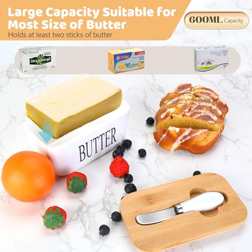 Vermida Butter Dish with Lid for Countertop, 2 Pack Ceramic Butter Container with Knife, Sturdy Butter Keeper with Bamboo Lid Holds 2 Sticks of West or East Coast Butter for Refrigerator, Black&White