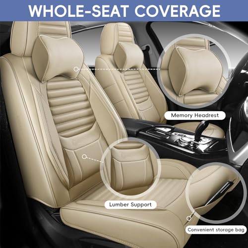 GEEYONTEK Car Seat Covers Front Set, Leather Seat Covers Front and Rear 2pcs Seats with Headrest Pillow, Airbag Compatible, Universal Seat Protectors Suitable for Most SUV Trucks Pick-up（Beige）