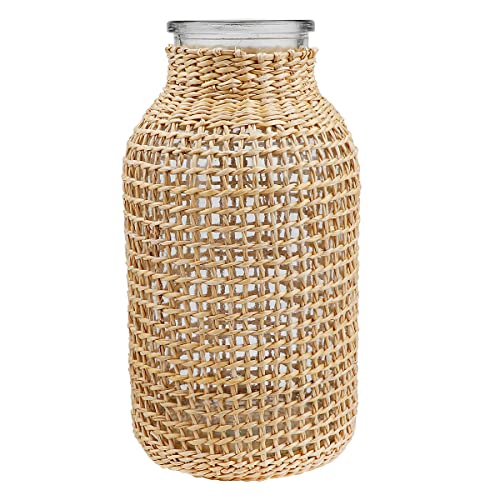 DOERDO Glass Flower Vase with Rattan Cover Boho Glass Vase Vintage Floral Container Decorative, for Housewarming Party Home Decor,7.9x4.1Inch