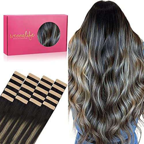 WENNALIFE Tape in Hair Extensions Human Hair, 20pcs 60g 26 inch Balayage Chocolate Brown to Caramel Blonde Remy Hair Extensions Straight Human Hair Tape in Extensions Skin Weft Tape Extensions