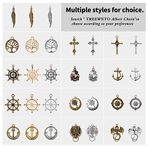 TREEWETO Men's Double Albert Chain Pocket Watch Curb Link Key Chain 2 Hooks with Antique St. Benedict Pendant Design Charm Fob T Bar, Bronze