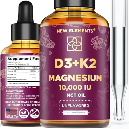 Liquid Vitamin D3 K2 10000IU with Magnesium Glycinate 5mg | VIT D3 K2 Drops for Adults | Mk7 Vitamin K2 100mcg | Vitamin D3 + K2 Supplement for Men & Women | Gluten Free | Non-GMO