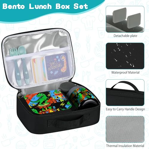 wiwens Bento Lunch Box for Kids with 12oz Soup Thermo Leak-Proof Lunch Food Container with 5 Compartment Thermo Hot Food Jar and Insulated Lunch Bag for Kid Toddler Girls Boys to School