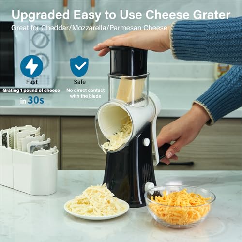 ALEXPHY Upgraded Cheese Grater Hand Crank, 5-in-1 Rotary Cheese Grater, Stronger Suction, Easy to Clean Grater for Fruit, Vegetables, Nuts, Black