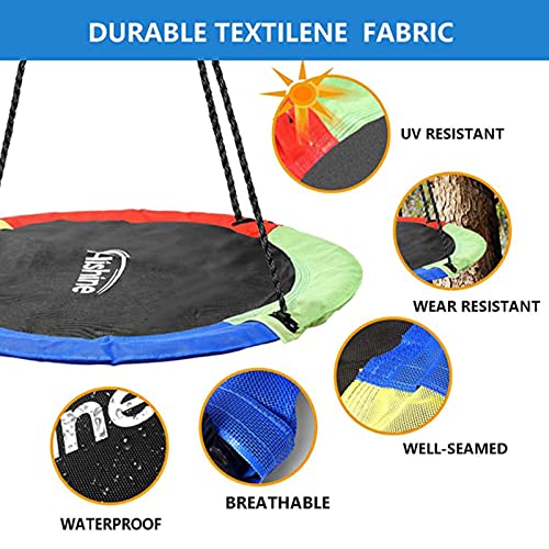 Hishine 50" Saucer Tree Swing for Kids, 360° Rotate Waterproof Flying Saucer Swing with Swivel, Hanging Straps, Adjustable Ropes, Round Mat Spinner Swing for Tree/Swing Set (Strap-Black)