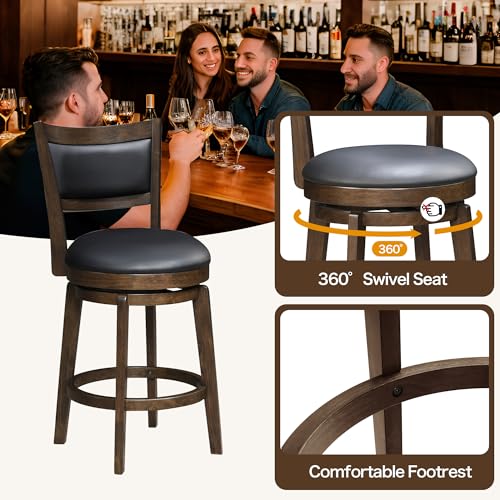 Larksperal 24" Counter Height Barstools Set of 2 - High Back Swivel Bar Stools with Black Faux Leather Upholstered Seat & Solid Wood Footrest, Counter Bar Stool for Kitchen Island & Pub