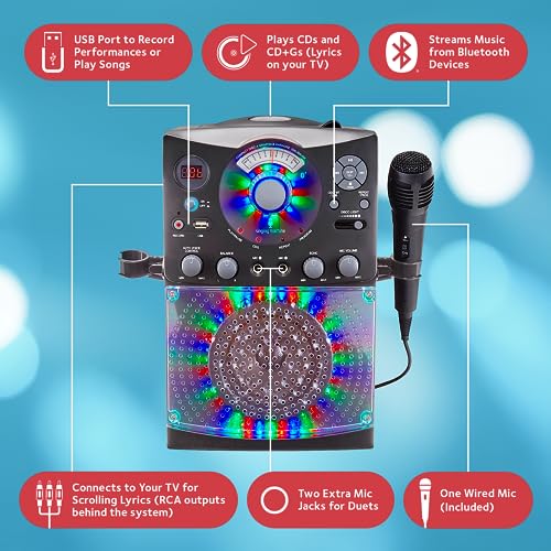 Singing Machine Karaoke Machine for Kids and Adults with Wired Microphone - Built-In Speaker with LED Disco Lights - Wireless Bluetooth, CD+G & USB Connectivity - Black [Amazon Exclusive]