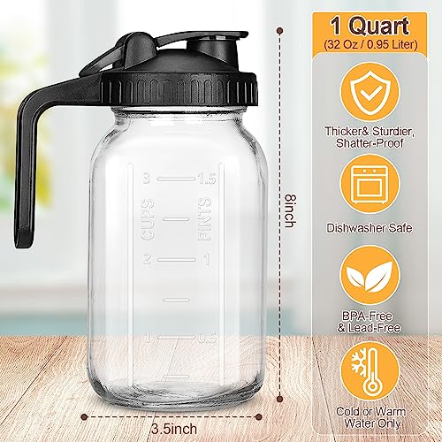 UYEIKMLOP 32 OZ Mason Jars with Lid, Glass Pitcher Double Leak Proof with Pour Spout Handle, 2 Quart Wide Mouth Breast Milk Pitcher for Fridge, Creamer Container for Coffee, Sun Tea(Black,1 Pack)