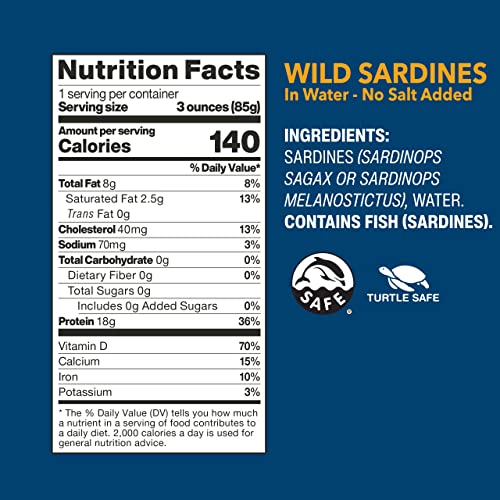 Wild Planet Wild Sardines in Water, No Salt Added, Tinned FIsh, Sustainably Wild-Caught, Non-GMO, Kosher, Gluten Free, Keto and Paleo, 4.4 Ounce, Single Unit