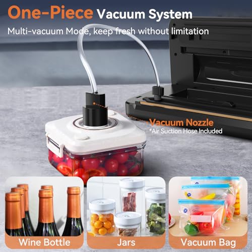 Pyukix Vacuum Sealer Machine, Food Sealer Machine 80KPA Fully Automatic 8-IN-1 Food Saver for Dry/Moist Mode with Build-in Cutter&Storage, Air Suction Hose, Digital Countdown, Bag Roll, 11 Vacuum Bags