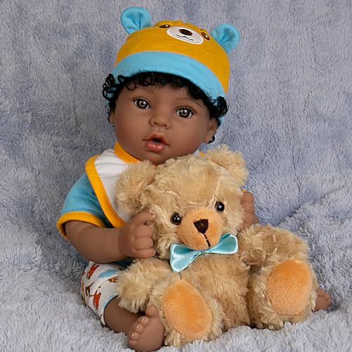 EKOKIZ Lifelike Reborn Baby Doll 18-Inch American African Baby Boy Newborn Baby Doll Soft Cloth Body Real Life Baby Dolls for Kids 3+, Complete with Clothes and Toy Accessories