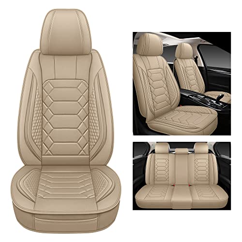 HAIYAOTIMES Leather Car Seat Covers Front Set, Waterproof Faux Leather Seat Covers for Cars, Non-Slip Car Interior Covers Universal Fit for Most Cars Sedans Trucks SUVs, Beige