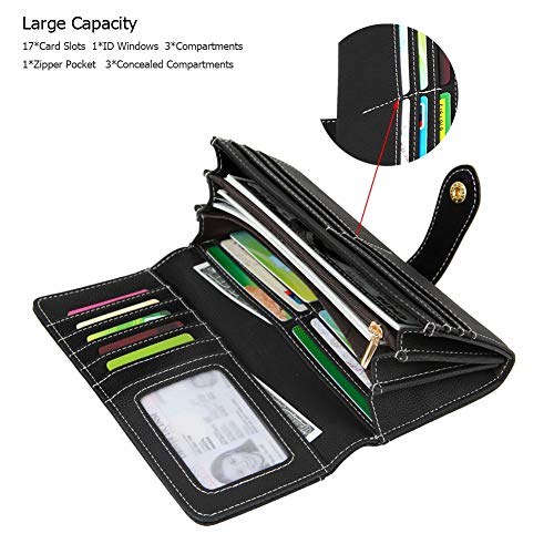 Cynure Women's Vegan Leather 17 Card Slots Card Holder Long Big Bifold Wallet,Black