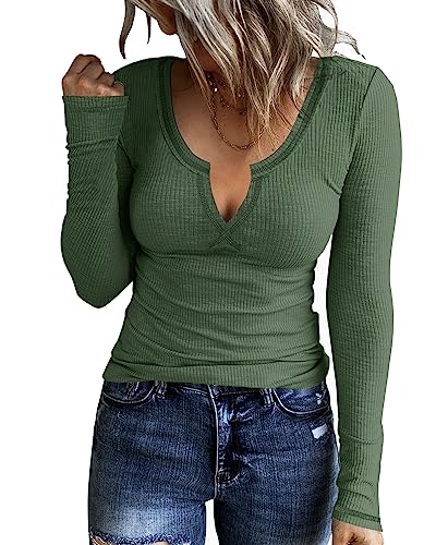 KINLONSAIR Women Casual Long Sleeve Tunic V-Neck Slim Fit T Shirts Basic Tee Tops Crew Neck Ribbed Knit Solid Shirt