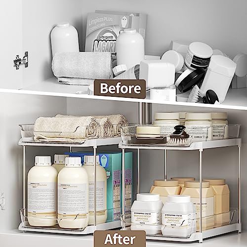 Delamu 2-Tier Multi-Purpose Bathroom Cabinet Organizer, Pull Out Under Sink Organizers and Storage, Stackable Pantry Organization and Storage, Clear Under Cabinet Storage with Movable Dividers